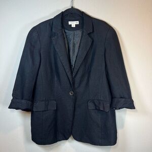 Coldwater Creek Linen Blend Blazer Black 3/4 Sleeve Pockets Lined  Women's Sz 14